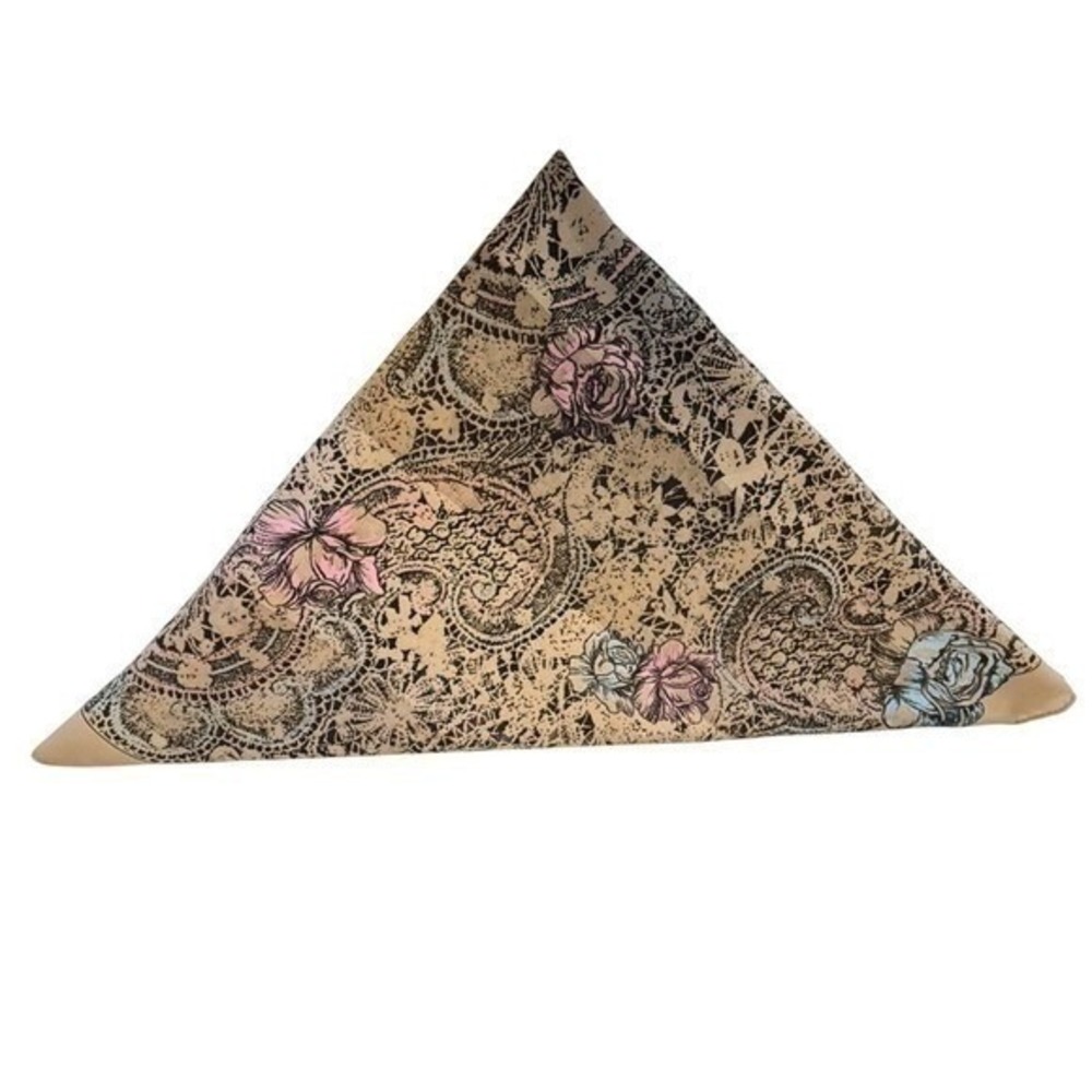 Square Scarf 29.5x30 Tan Floral Lace Rose Print Made in Italy Polyester - Picture 7 of 12